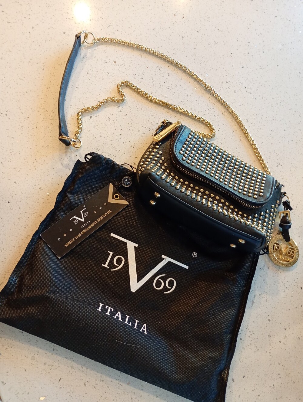 Versace Black Crossbody Bag with Gold Chain & Gold Stud Accents